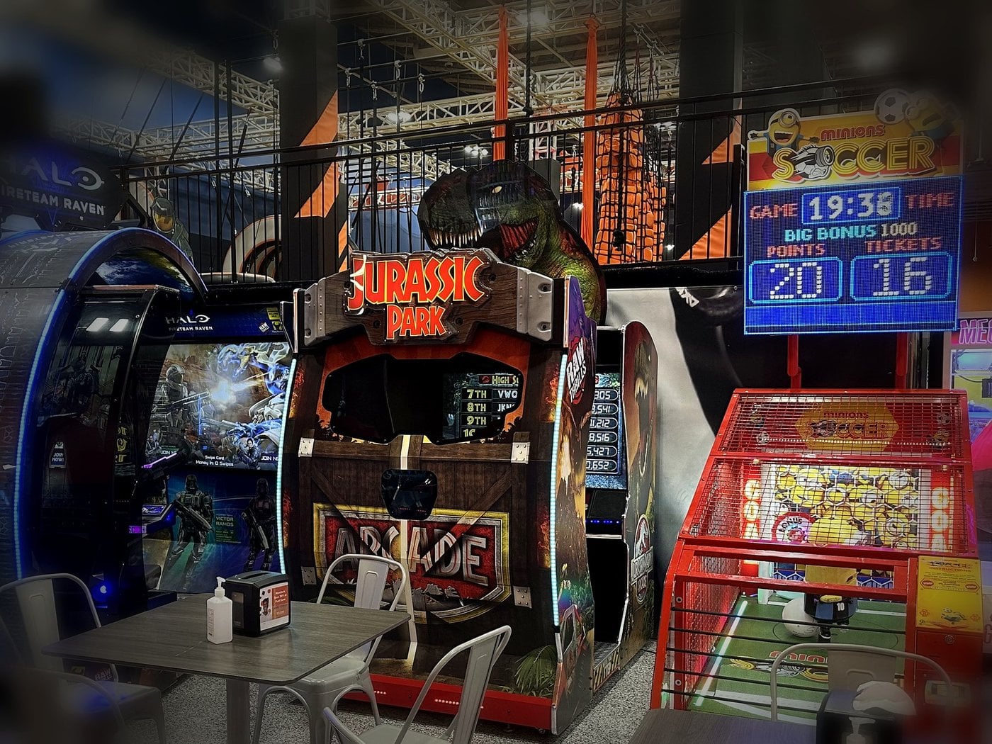Family entertainment arcade game area with colorful machines