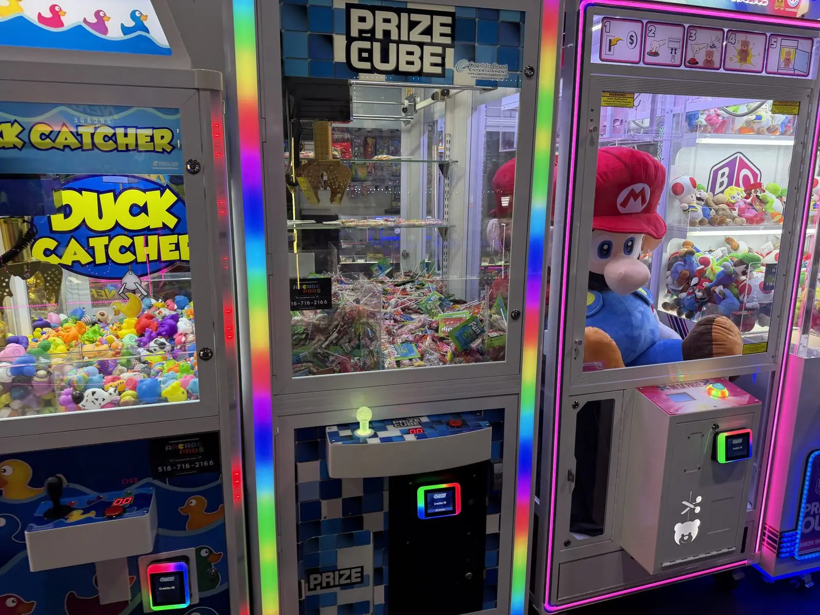 Duck Catcher and Prize Cube claw machines placed by The Arcade Pros at a Sky Zone trampoline park